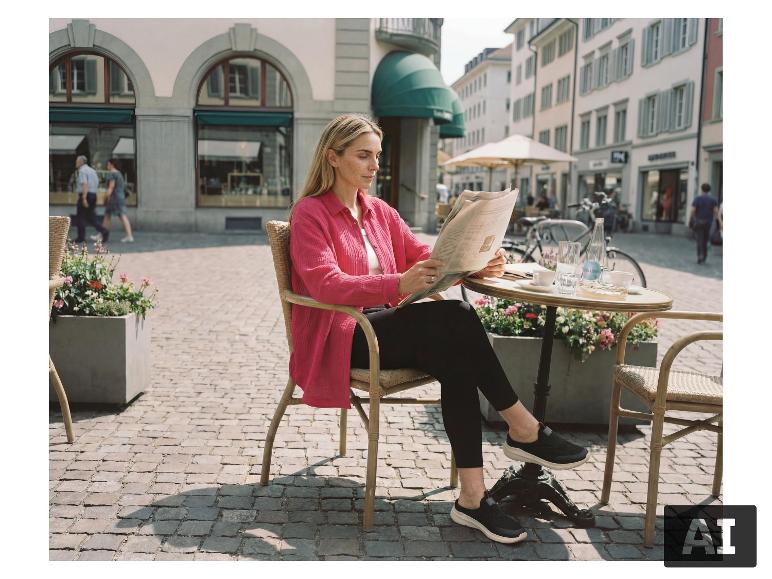 Frau in rosa Hemd und schwarzer Hose liest Zeitung an einem Straßencafé-Tisch.