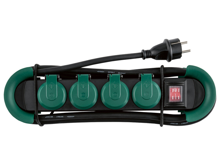 Grüne Steckdosenleiste mit 4 Steckdosen und Schalter.