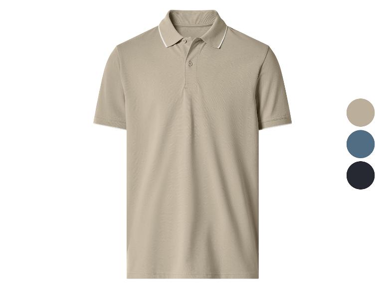 Beiges Poloshirt mit weißen Kragen- und Ärmeldetails, mit Farbmustern an der Seite.
