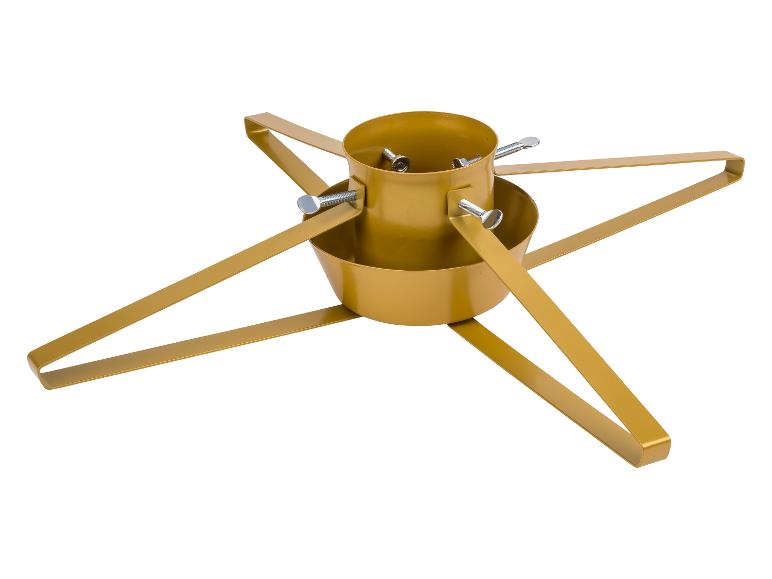 Goldener Weihnachtsbaumständer mit vier Beinen und verstellbaren Schrauben.