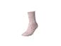 Rosa Socke mit Herzmuster und Rüschenrand.