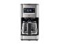 Kaffeemaschine aus Edelstahl mit Digitalanzeige und Glaskanne.