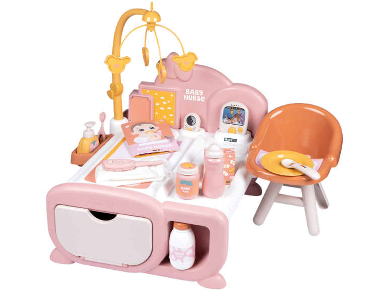 Rosa Babypflege-Spielset mit Wiege, Stuhl und Zubehör.