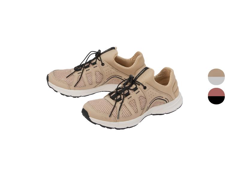 Ein Paar beige-schwarze Sportschuhe mit elastischen Schnürsenkeln, abgebildet mit Farbmustern.