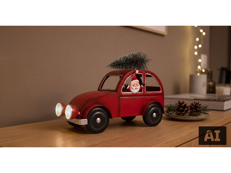 Rotes Spielzeugauto mit Weihnachtsmann und Tannenbaum auf einem Holzregal.