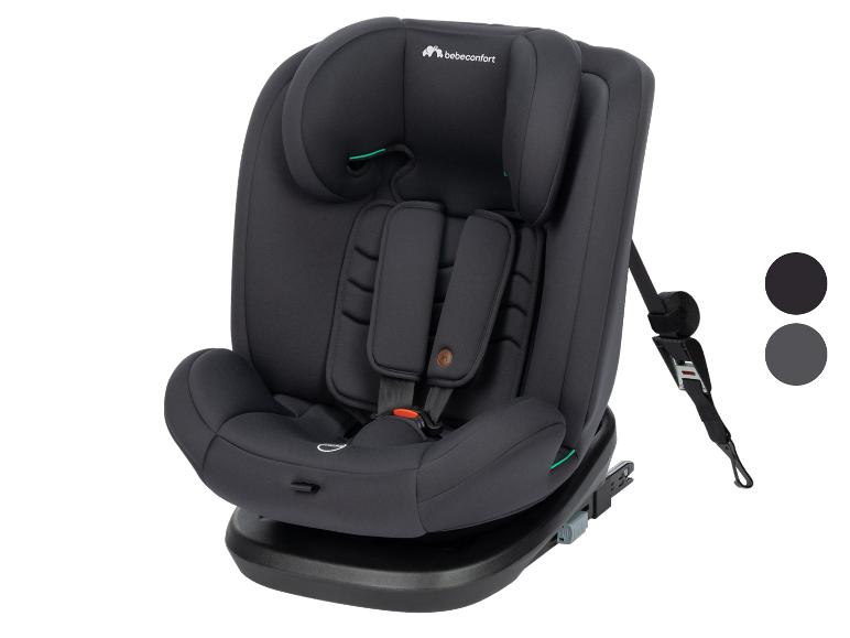 Schwarzer Kindersitz mit Gurt und verstellbarer Kopfstütze.