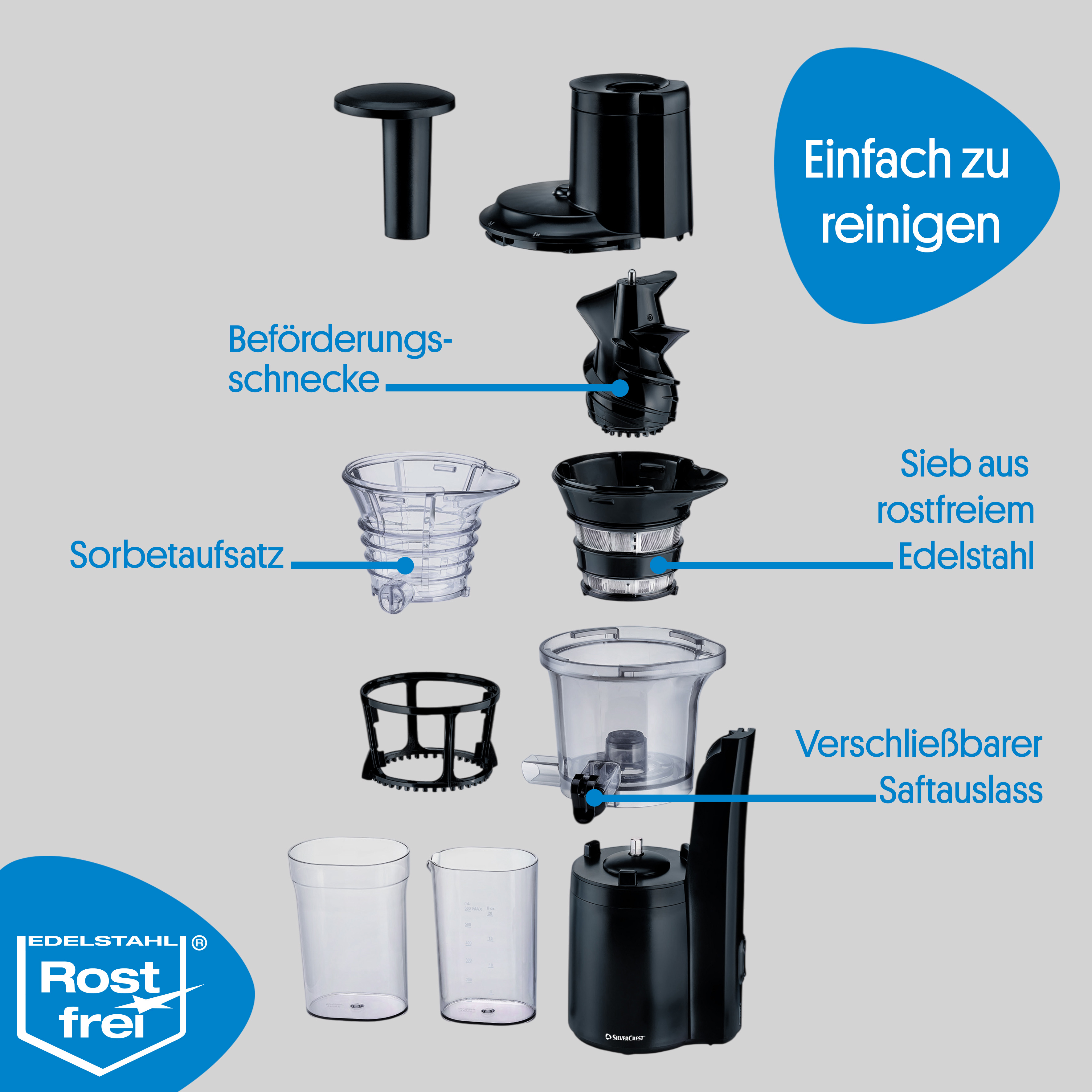 Aufbau des Slow Juicers: Beförderungsschnecke, Sieb aus rostfreiem Edelstahl, Sorbetaufsatz, Verschließbarer Saftauslass. Einfach zu reinigen.