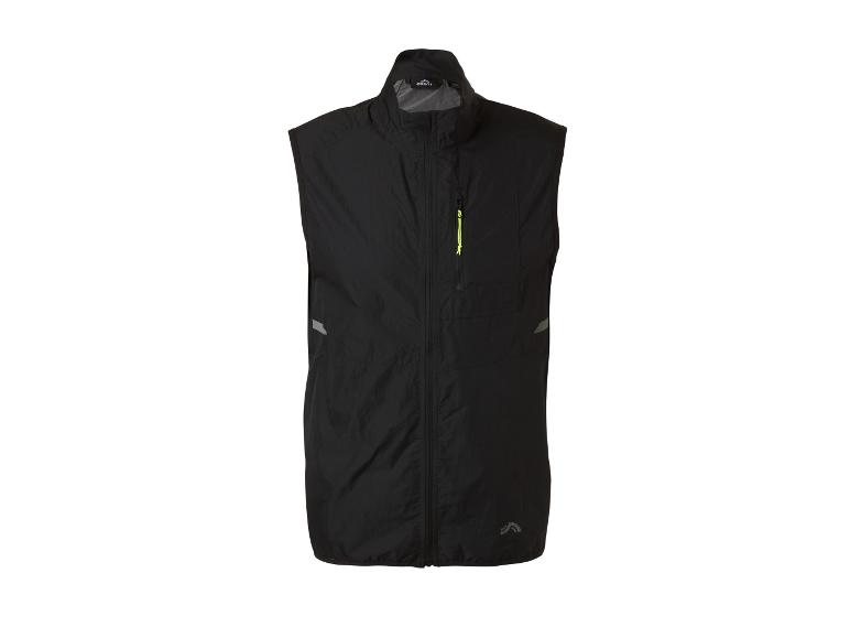 Schwarze ärmellose Sportweste mit Reißverschluss und reflektierenden Details.