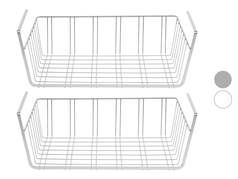 Zwei silberne Drahtkörbe mit Griffen, geeignet für die Aufbewahrung