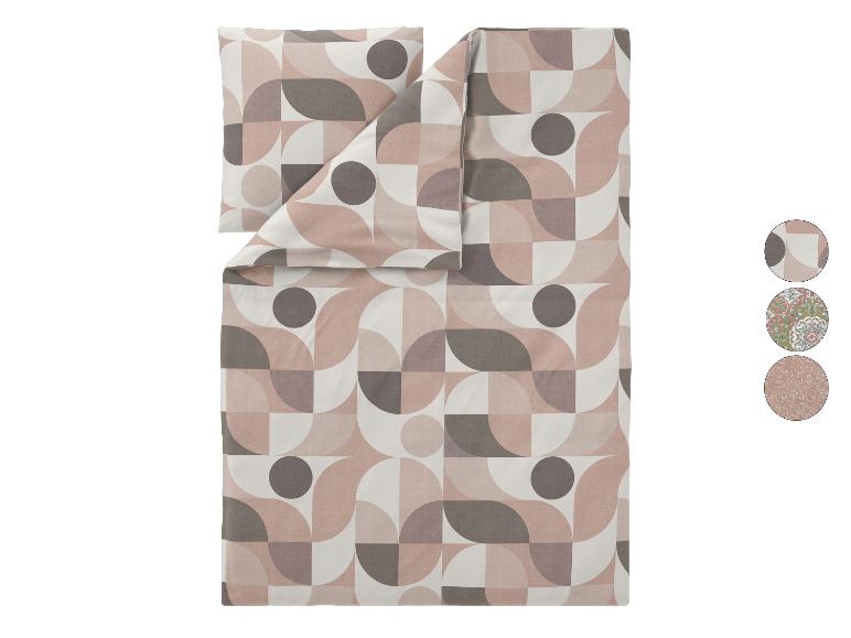 Bettwäsche-Set mit geometrischem Muster in Beige, Braun und Weiß, mit drei Stoffmustern.