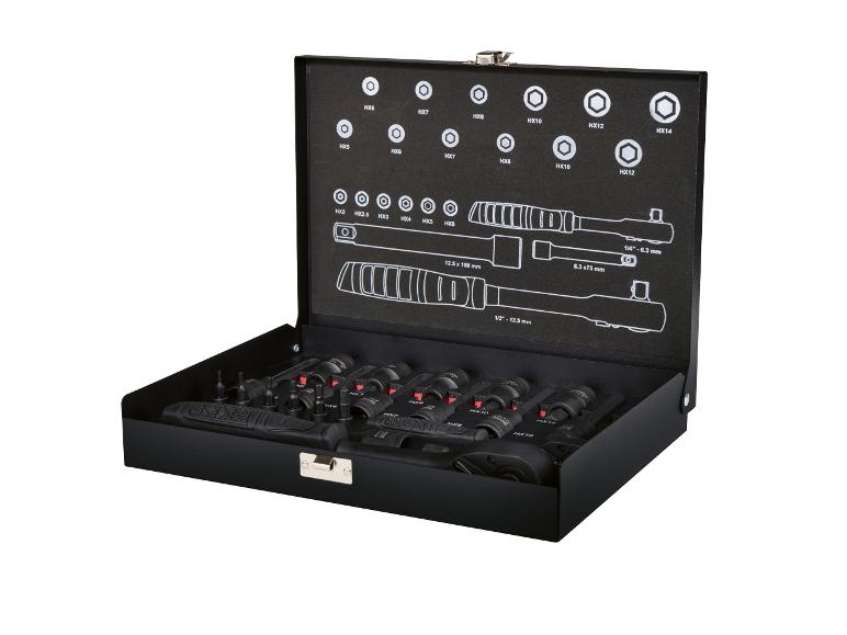 Steckschlüssel- und Ratschen-Set in schwarzer Box, Größen von HX2 bis HX14.