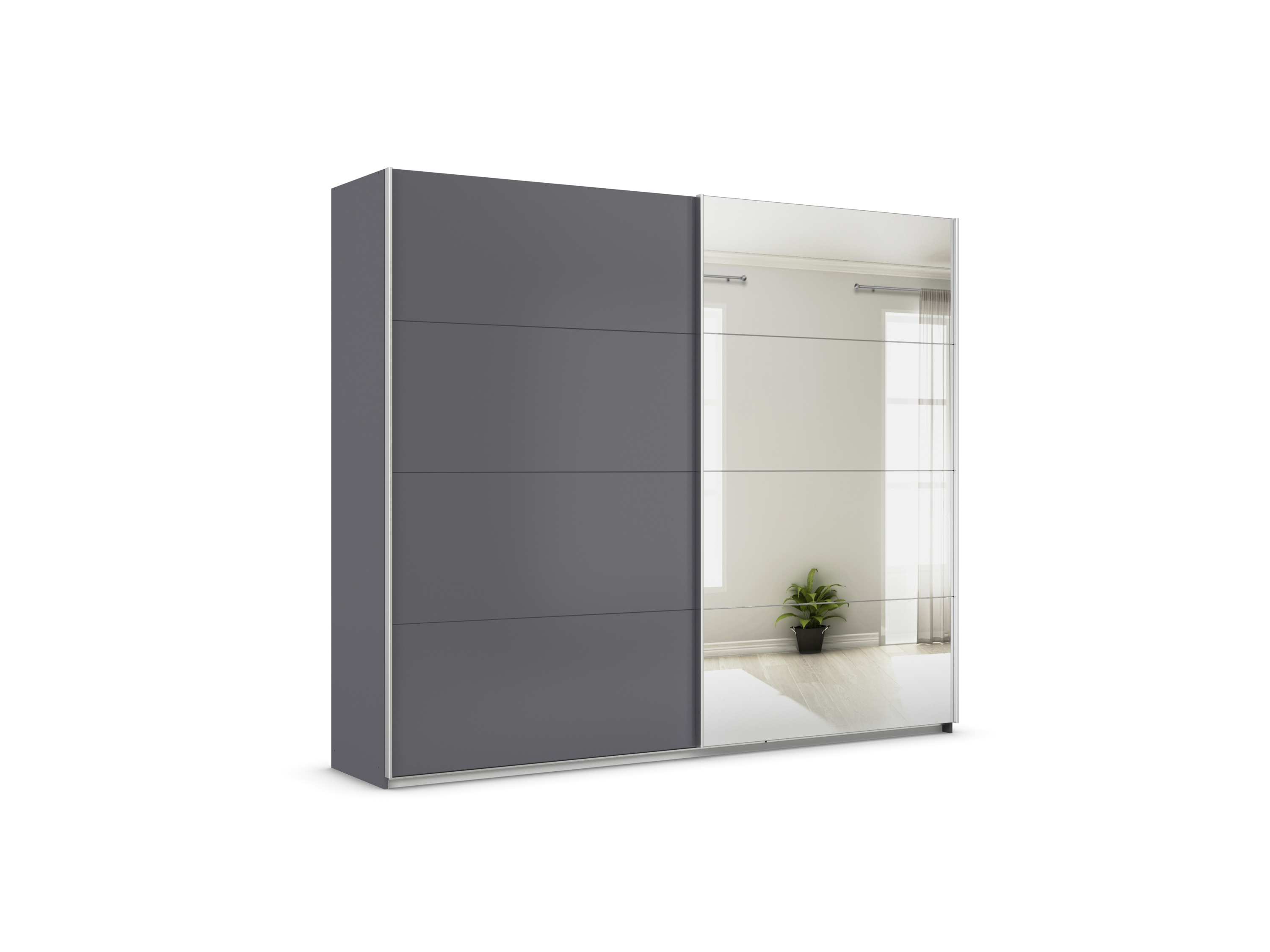 RAUCH ORANGE Quadra Schwebetürenschrank mit Spiegelelementen (Premium-Zubehör, Korpus: Graumetallic, 271 x 230 cm)