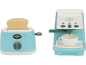 Spielzeugtoaster mit Toast und Spielzeugkaffeemaschine mit Tasse.