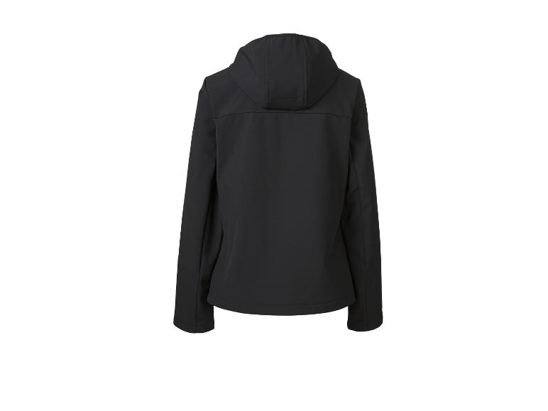 Schwarze Softshelljacke mit Kapuze, Rückansicht.