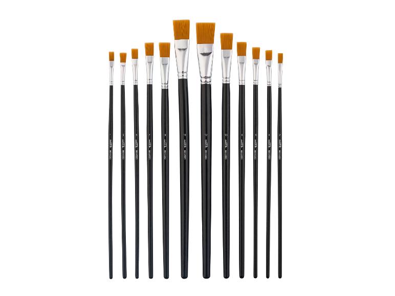 Zwölf schwarze Pinsel der Marke 'crelando' mit gelben Borsten.