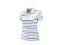 Weiß-blau gestreiftes Damen-Poloshirt mit kurzen Ärmeln und Knöpfen.