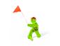 Grünes Kindersicherheitsschild mit roter Kappe und oranger Flagge, mit der Aufschrift „SLOW!“.