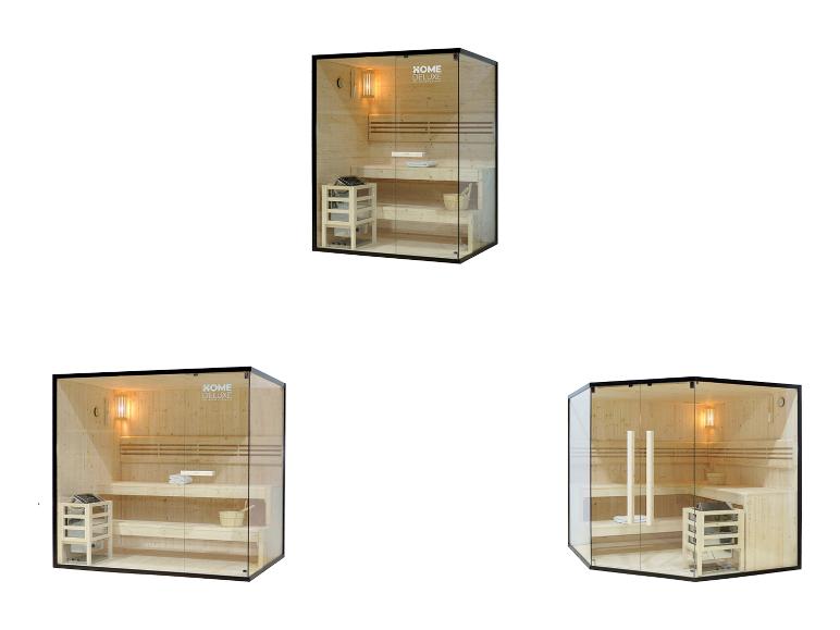Drei Home Deluxe Saunen mit Glastüren und Holzinterieur.