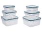Sechs transparente Lebensmittelbehälter mit blauen luftdichten Deckeln, in zwei Stapeln.