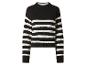 Schwarz-weiß gestreifter Strickpullover mit Stehkragen.