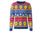 Ein blauer Weihnachtspullover mit dem Lidl-Logo und Weihnachtsmotiven.