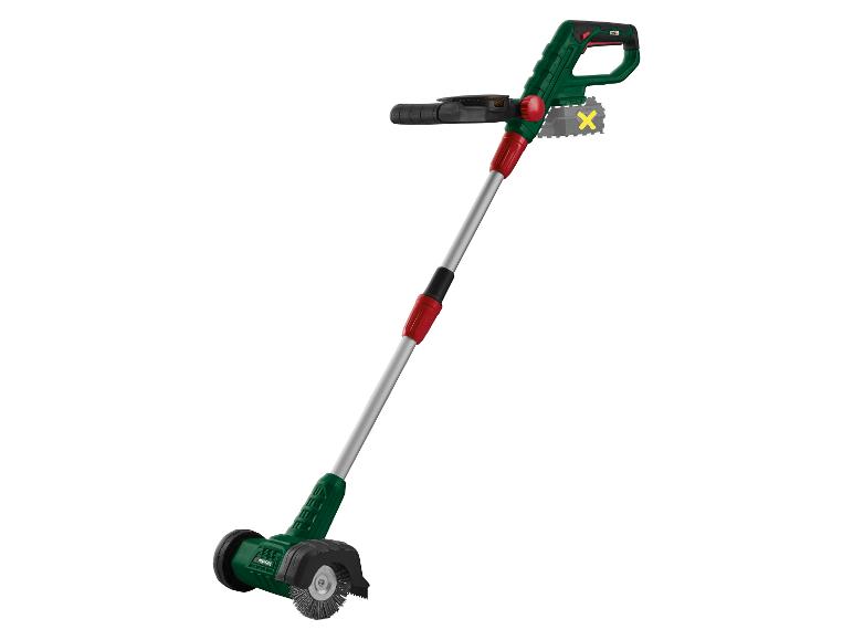 Akku-Fugenreiniger mit Bürste und Rädern, grün und silber.