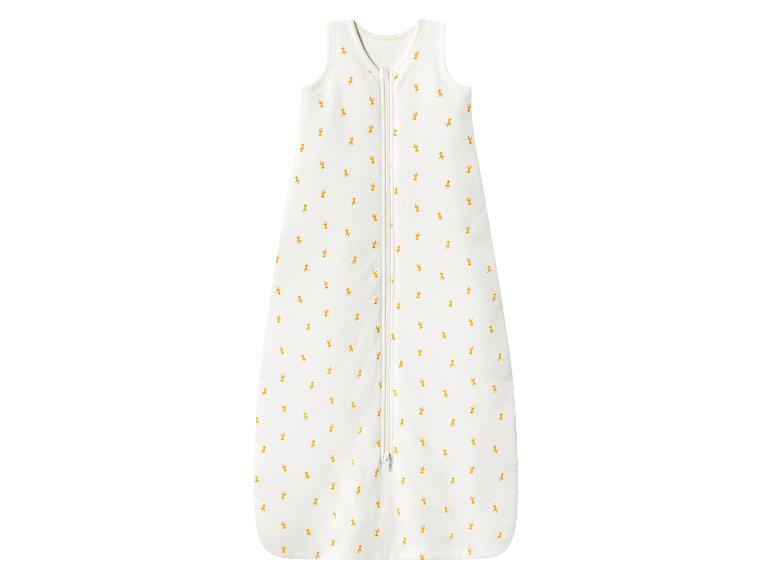 Weißer Babyschlafsack mit kleinen gelben Entenmustern und Frontreißverschluss