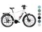 Weißes E-Bike mit Gepäckträger und mehreren Farboptionen.