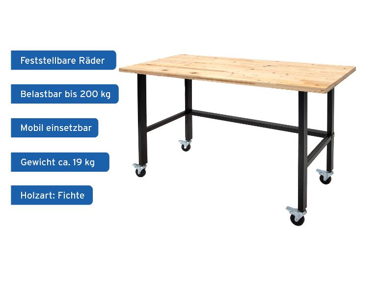 Holzwerkbank mit schwarzem Metallrahmen und feststellbaren Rädern, Fichtenholz, belastbar bis 200 kg.