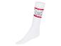 Weiße Socken mit roten Streifen und Freegun-Logo.