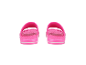 Ein Paar leuchtend pinke Badesandalen mit weißem Streifen, Rückansicht.