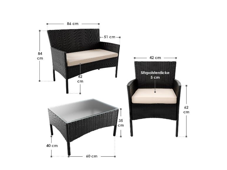 Schwarzes Rattan-Gartenmöbelset mit Zweisitzer-Sofa, Sessel und Couchtisch, mit Maßen.