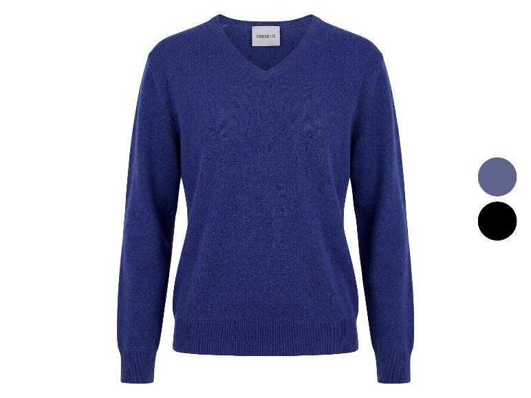 Blauer V-Ausschnitt-Pullover mit zwei Farboptionen.