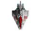 Ein graues und rotes LEGO Star Wars Raumschiffmodell mit blauen Details.