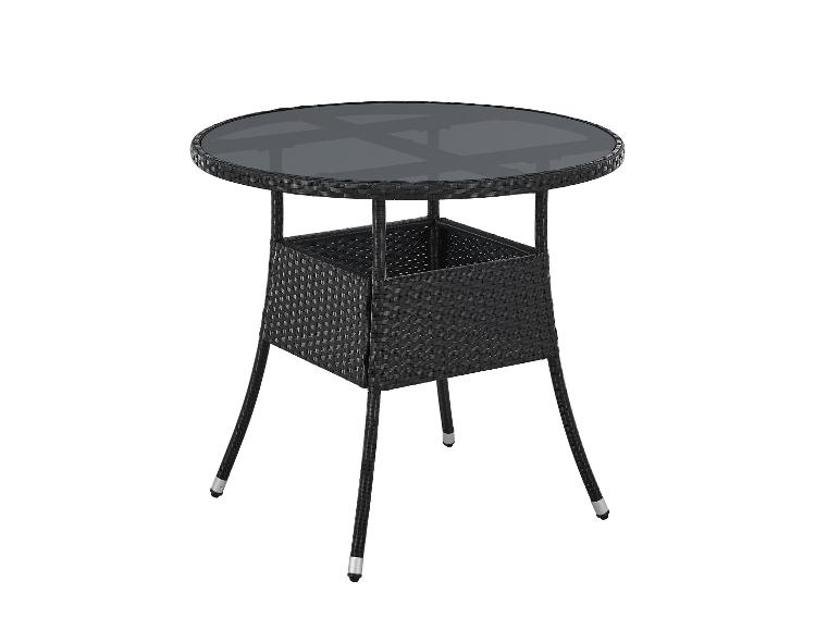Runder schwarzer Rattan-Gartentisch mit Glasplatte und Ablagefach.