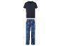 Ein dunkelblaues T-Shirt und eine blaue karierte Pyjamahose.