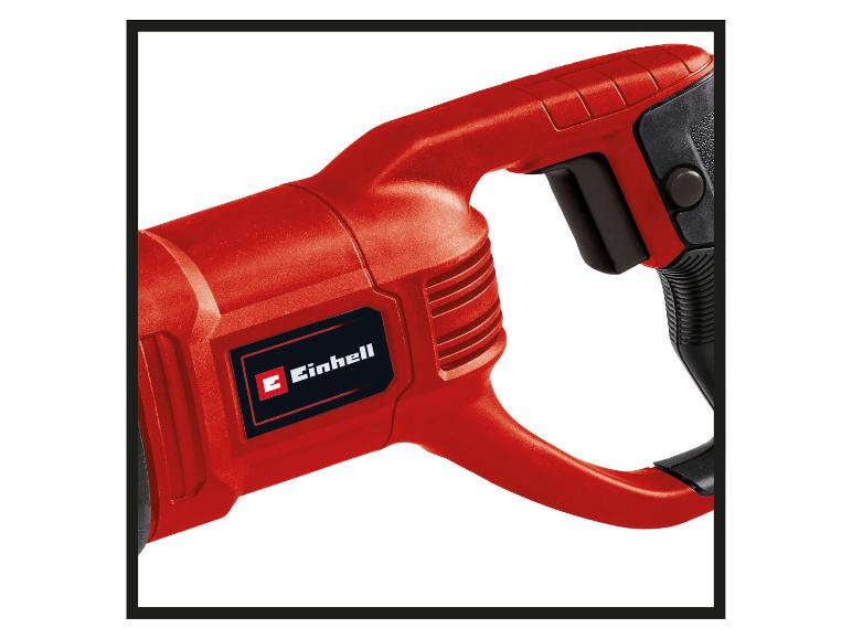 Nahaufnahme eines roten Säbelsägegriffs mit schwarzem Griff und Abzug