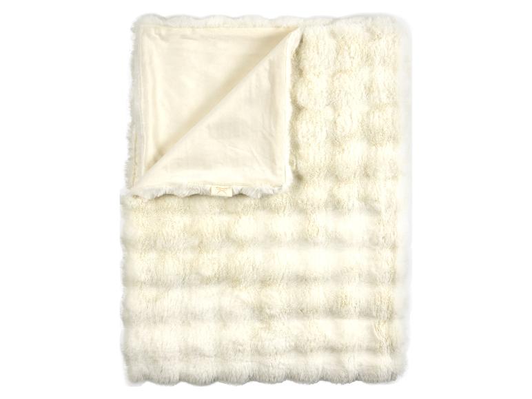 Cremeweiße Kunstpelzdecke mit Fleece-Futter und gewelltem Rand.