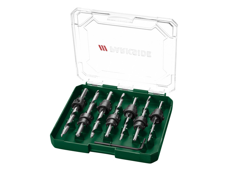 Ein Set mit 8 Bohrer der Marke Lykside in einer grünen Aufbewahrungsbox.