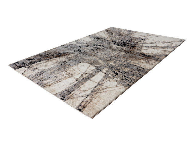 Moderner Teppich mit Baummotiv, Beige- und Grautönen.