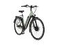 Hellgrünes Elektro-Citybike mit Gepäckträger und Beleuchtung.