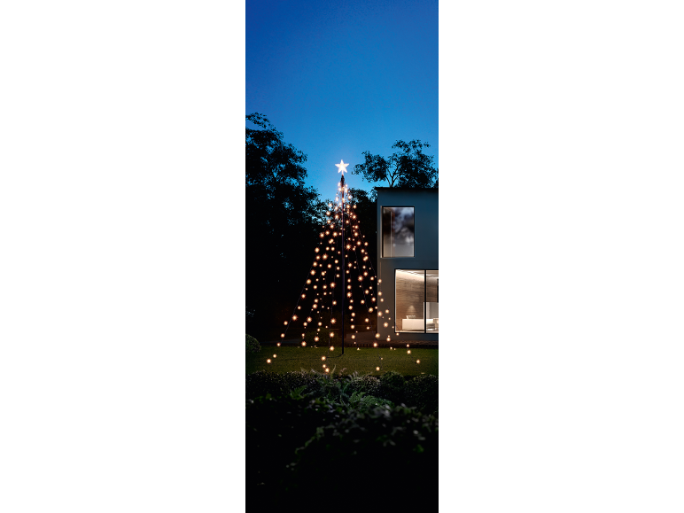 Beleuchteter Weihnachtsbaum mit Sternspitze in einem nächtlichen Garten.