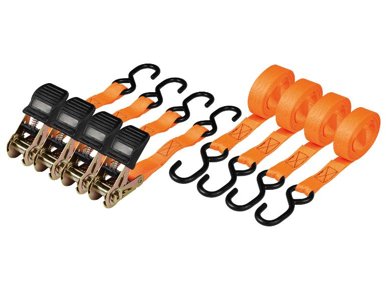 Set orangefarbener Spanngurte mit Ratsche und S-Haken