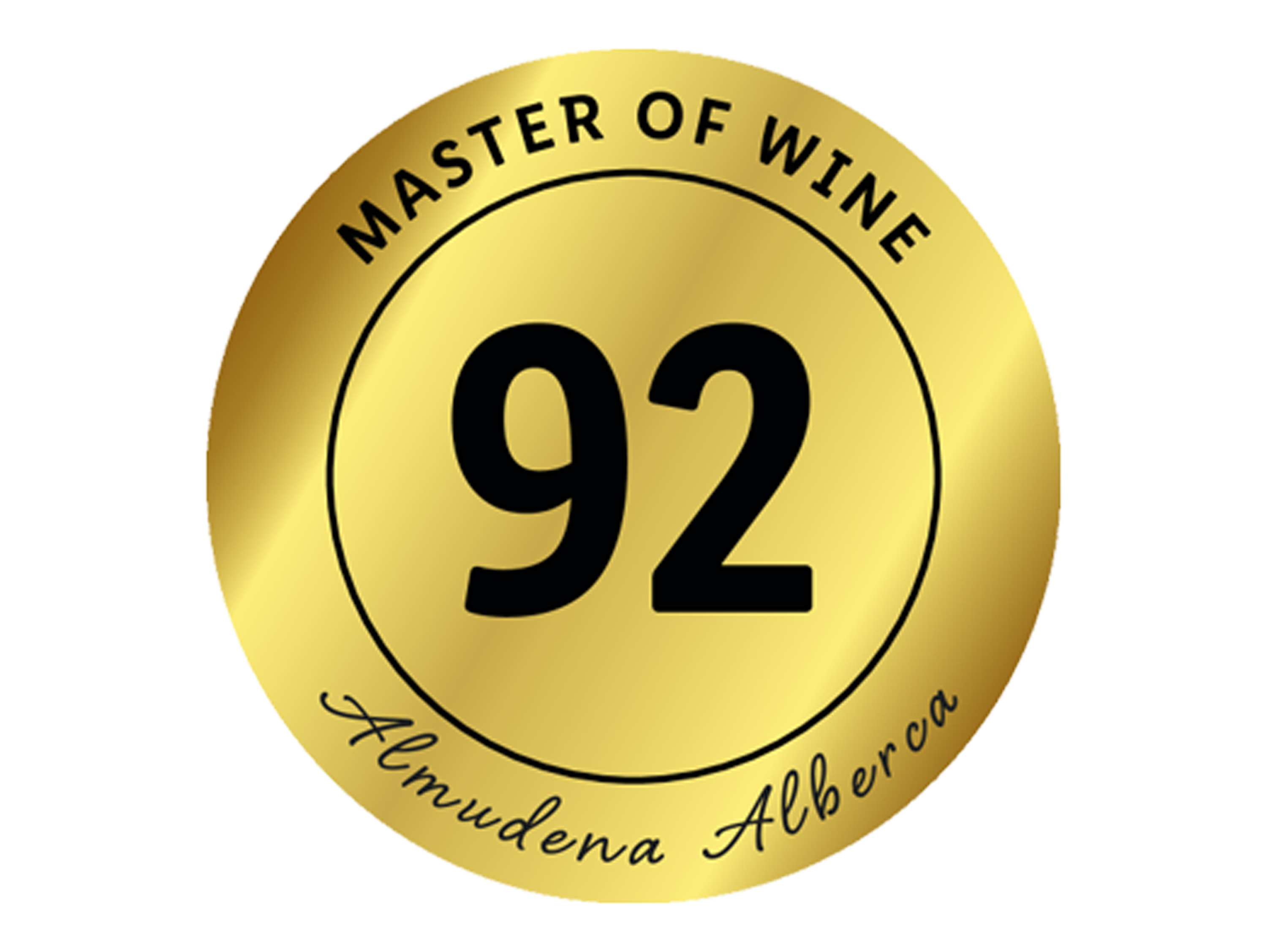 Goldenes Siegel mit dem Text „MASTER OF WINE“ und „Almudena Alberca“ und der Zahl 92.