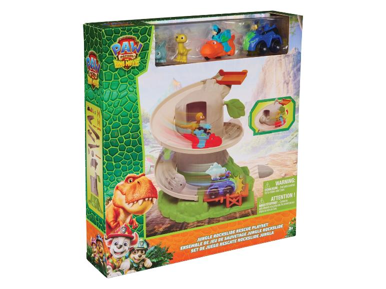 Dschungel-Felsrutsch-Rettungsspielset mit Dinosaurierfiguren und Fahrzeugen.
