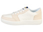 Weiße niedrige Sneakers mit beigefarbenen Details.