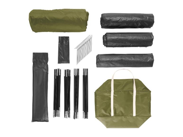 Campingzelt-Komponenten: olivgrüner Zeltstoff, schwarze Planen, Stangen, Heringe und eine Tragetasche.