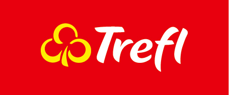 Logo mit stilisiertem gelbem Symbol und weißem Text „Trefl“ auf rotem Hintergrund.
