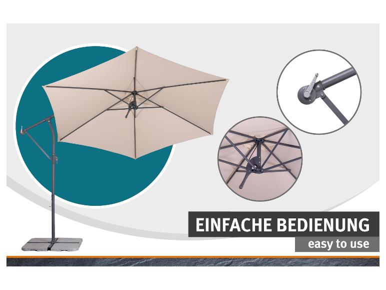 Gartenschirm mit Standfuß, mit Details zu Kurbel und Gestell, mit Text „EASY TO USE“.