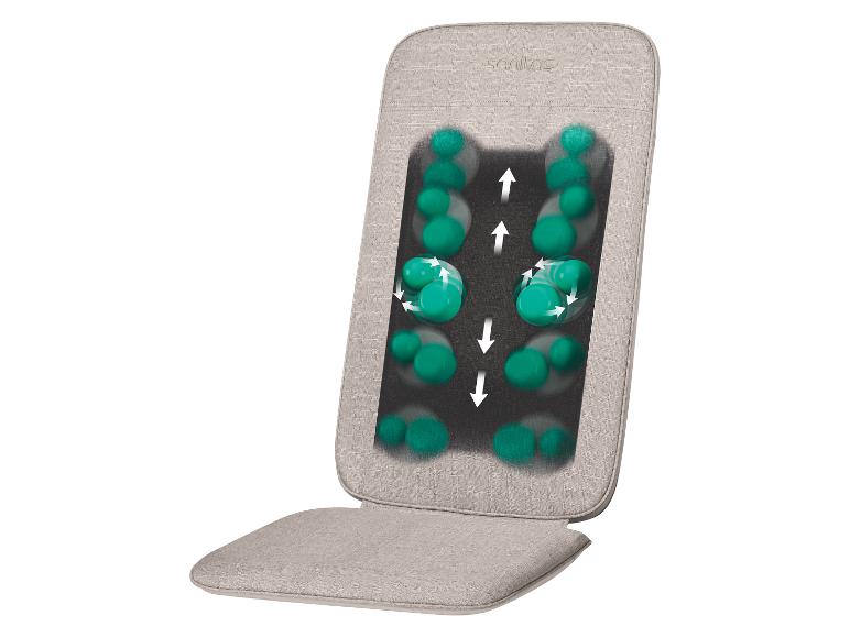 Beige Massagesitzauflage mit beweglichen Massageköpfen und Richtungspfeilen.